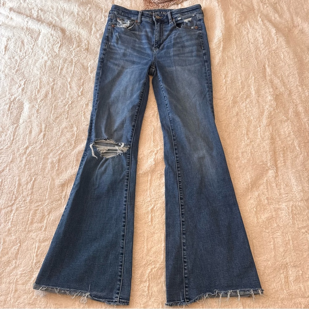 American Eagle Outfitters Medium Blue Distressed Flare Jeans